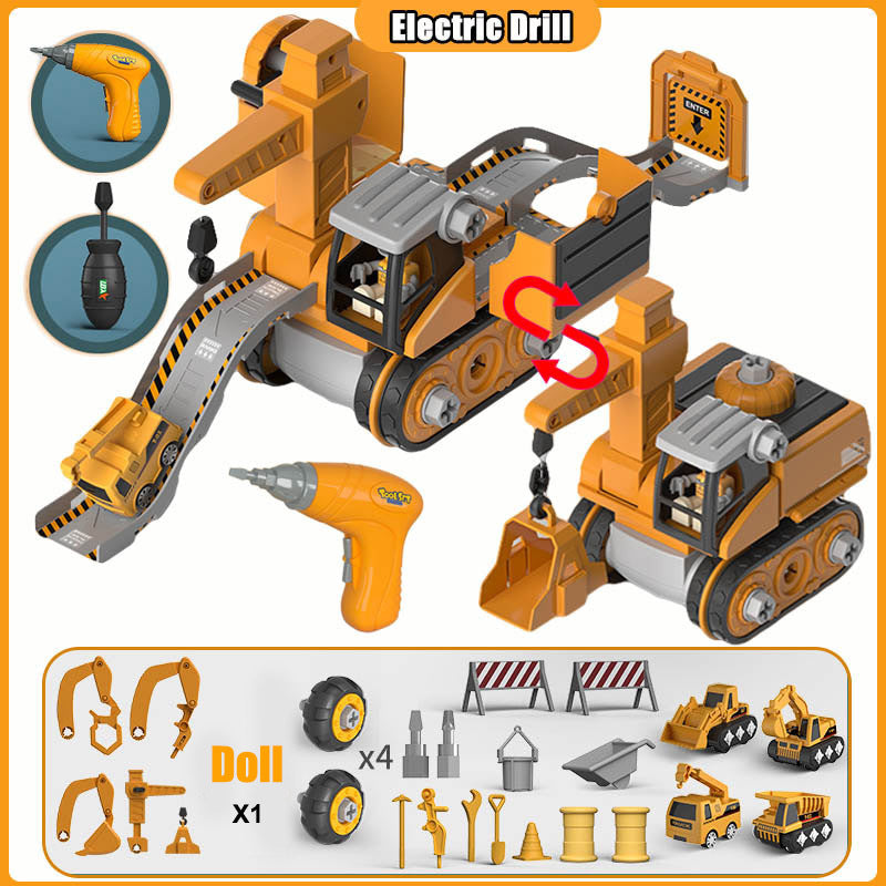 4-in-1 DIY Construction Vehicle Toy Set – Crane, Excavator & Track