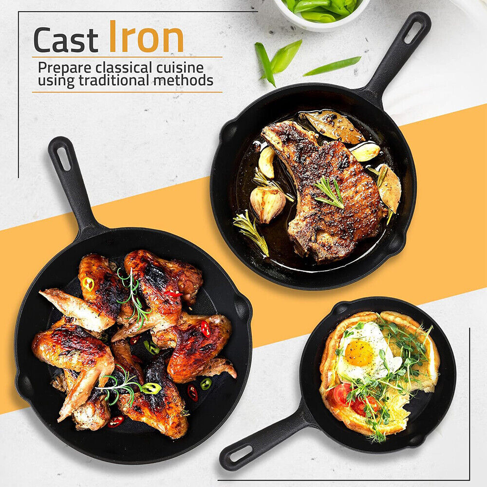 Set of 3 Cast Iron Skillet Pans – Pre-Seasoned Non-Stick Griddle Frying Pans for Cooking, Searing, Baking & Grilling