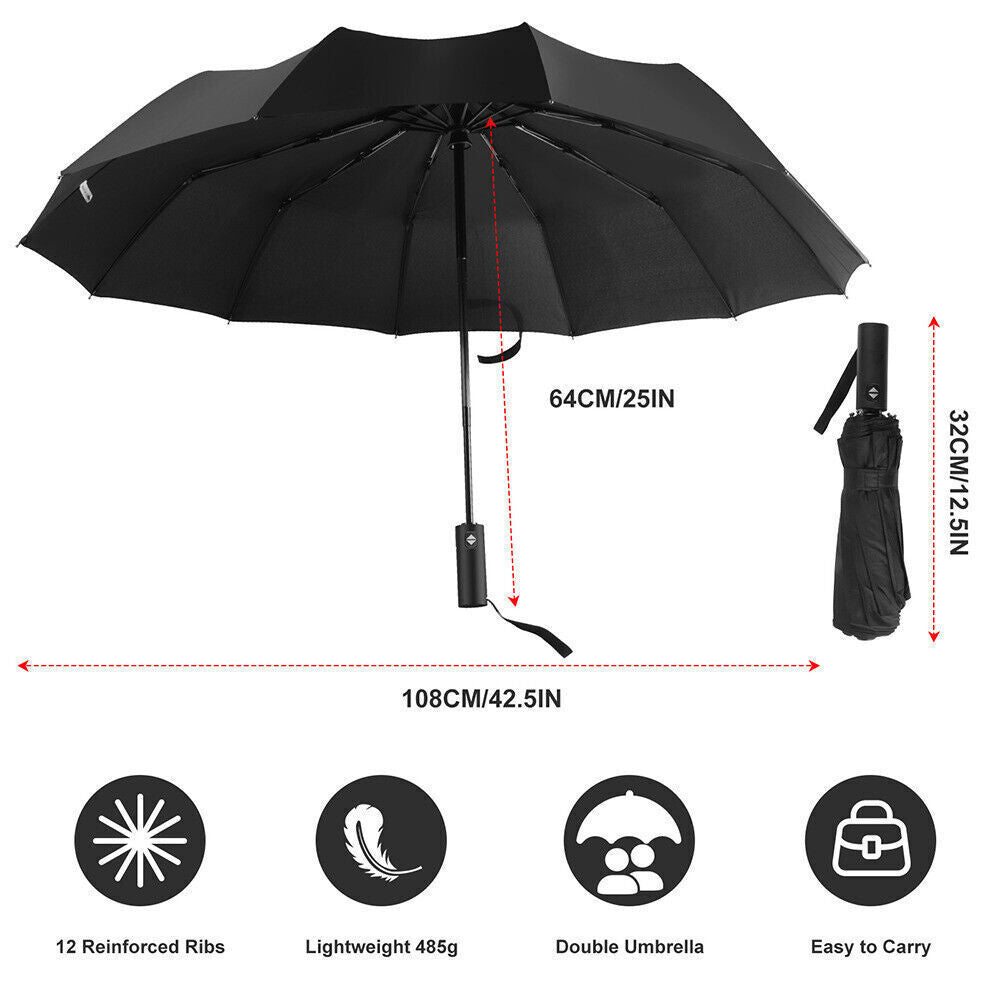 12 Ribs Strong Automatic Umbrella – Windproof, Stormproof & Compact Folding Design