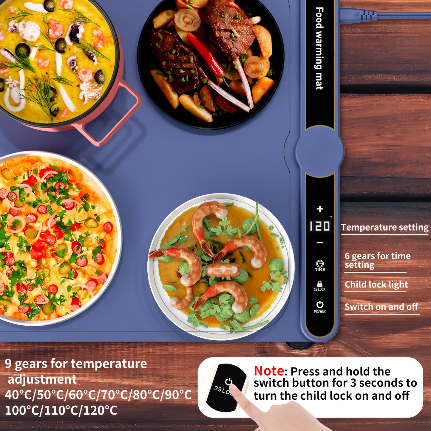 Foldable Electric Food Warming Mat – Portable Heating Plate for 8 Dishes with Adjustable Temperature & Timer