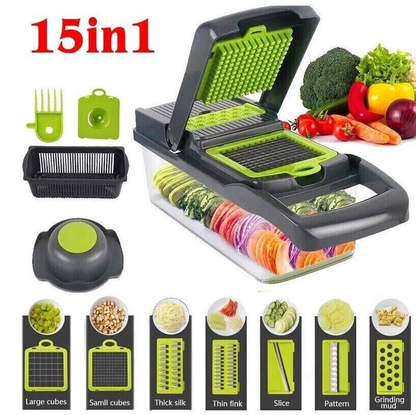 15 in 1 Vegetable Chopper – Multifunctional Food Slicer, Dicer, Grater, Peeler & Spiralizer with Container