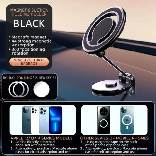 Magnetic Car Phone Holder Mount – MagSafe Compatible, Foldable, Adjustable with Strong Suction, for iPhone & Samsung Smartphones