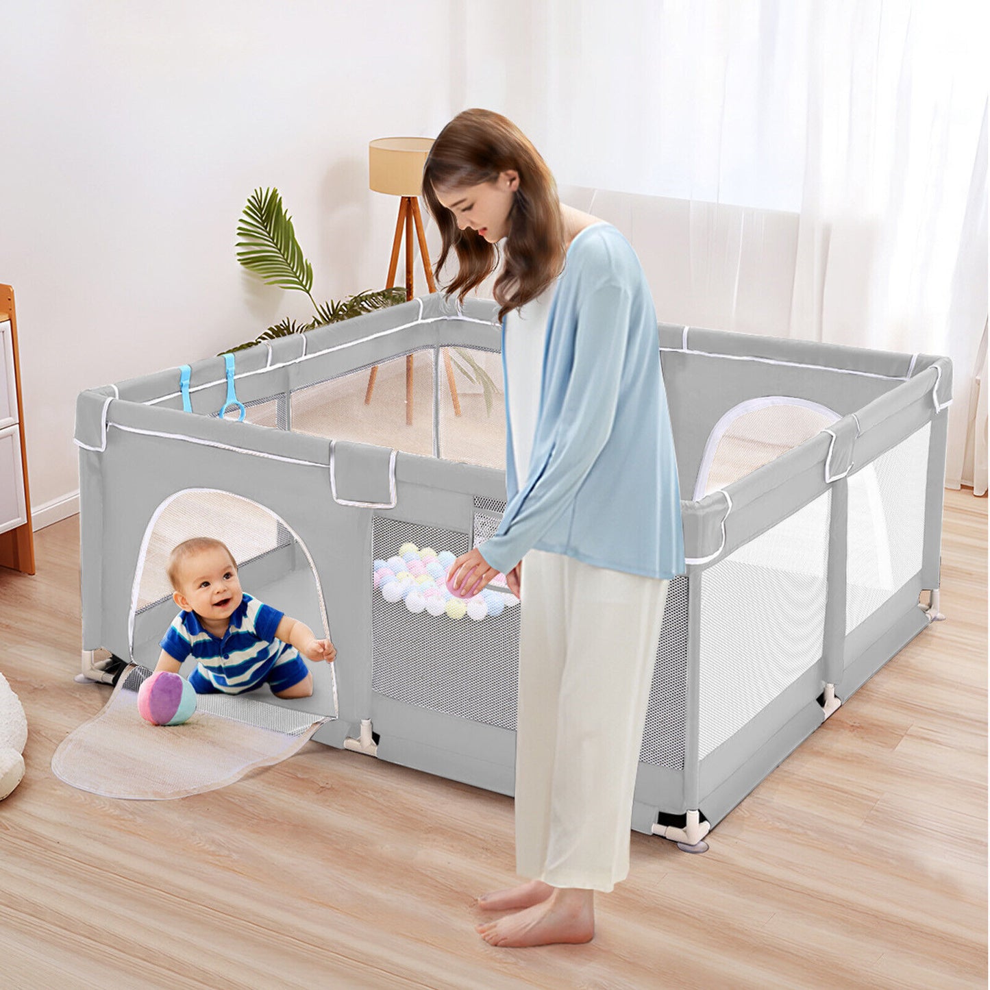 Baby Playpen with Mat – Safe Indoor/Outdoor Activity Centre for Toddlers & Babies | Portable Grey Baby Fence 127x127cm