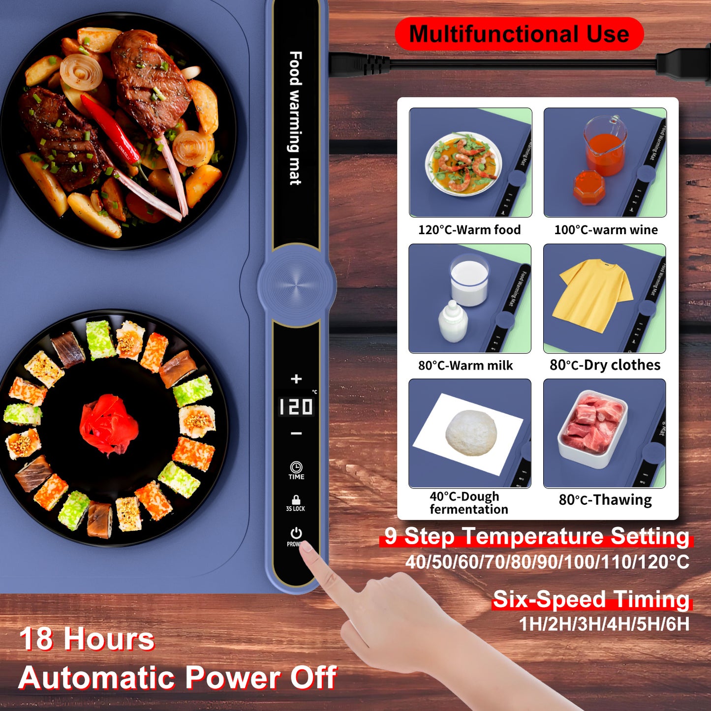 Foldable Electric Food Warming Mat – Portable Heating Plate for 8 Dishes with Adjustable Temperature & Timer