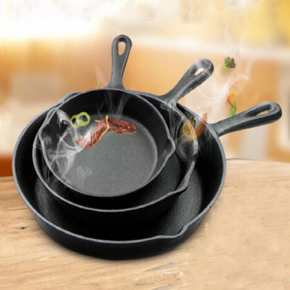 Set of 3 Cast Iron Skillet Pans – Pre-Seasoned Non-Stick Griddle Frying Pans for Cooking, Searing, Baking & Grilling