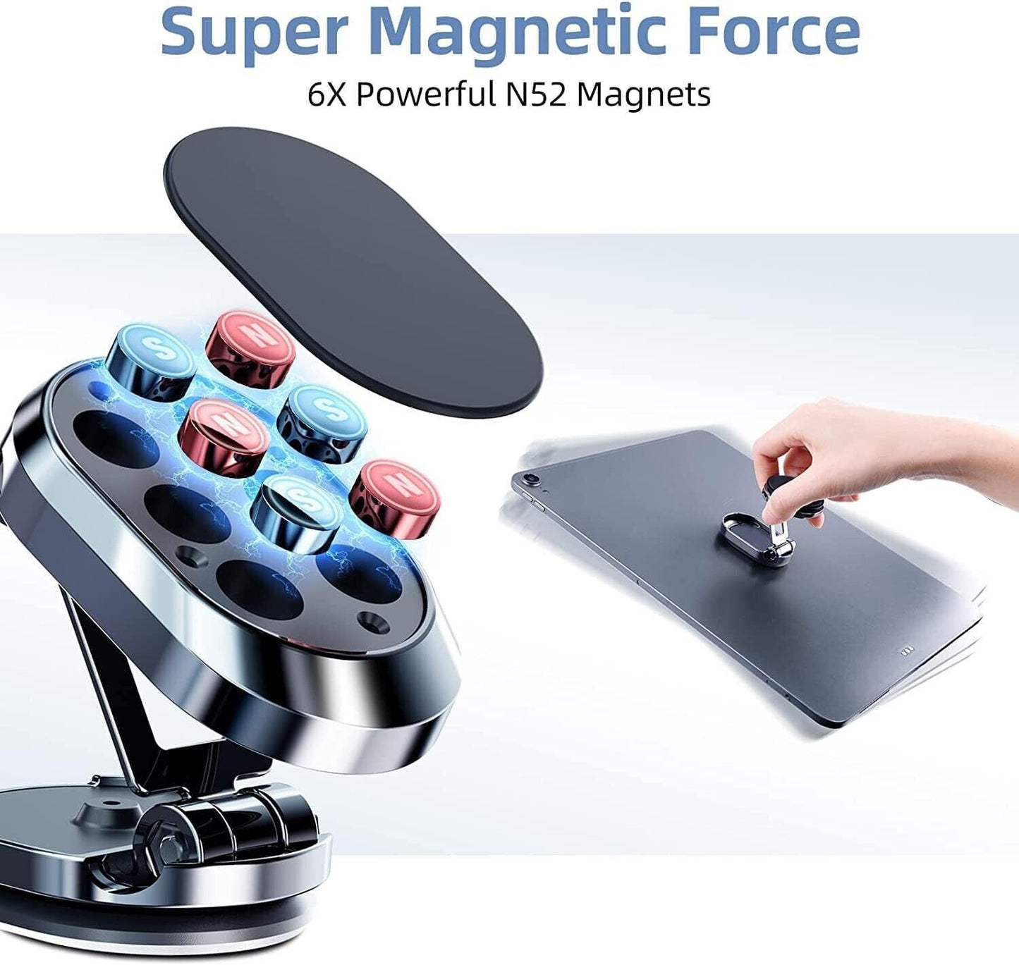 Upgraded Magnetic Car Phone Holder - Retractable Mount with 6 Powerful N52 Magnets, 720° Rotation for Dashboard & Windshield - Universal Phone Mount for iPhone, Samsung, and More