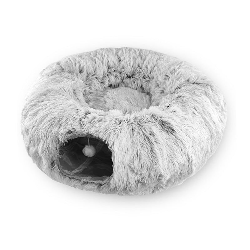 Plush Warm Cat Tunnel Bed – Donut-Shaped Collapsible Sleeping & Play Cave for Indoor Cats & Kittens