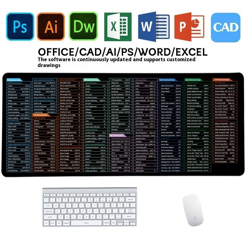 Super Large Stain-Resistant Office Mouse Mat with Full English Shortcut Keys - Multiple Sizes Available