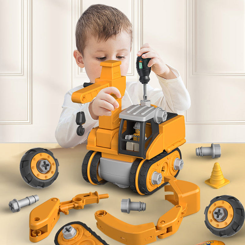 4-in-1 DIY construction toy set for kids with crane, excavator, and sliding track for educational play