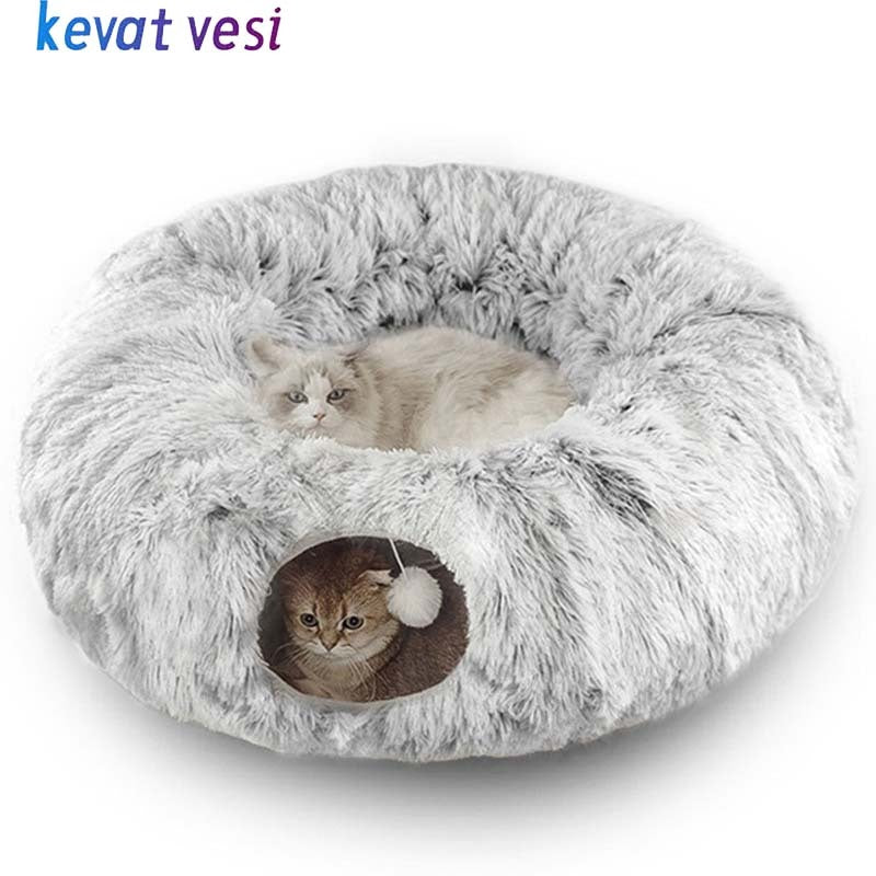 Plush Warm Cat Tunnel Bed – Donut-Shaped Collapsible Sleeping & Play Cave for Indoor Cats & Kittens