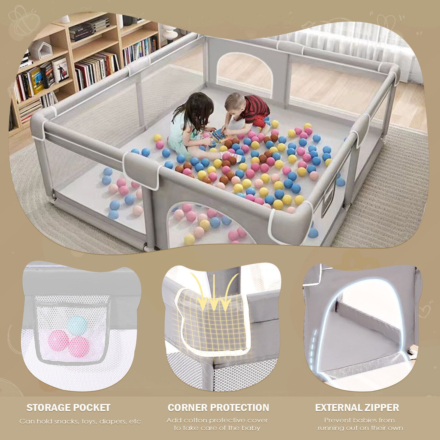 Baby Playpen with Mat – Safe Indoor/Outdoor Activity Centre for Toddlers & Babies | Portable Grey Baby Fence 127x127cm
