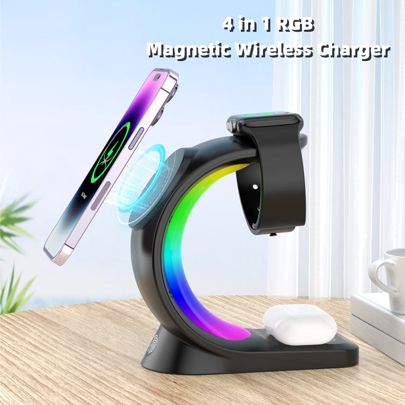 4-in-1 Magnetic Wireless Charging Station with RGB Light | Fast Charger for iPhone, AirPods & Apple Watch