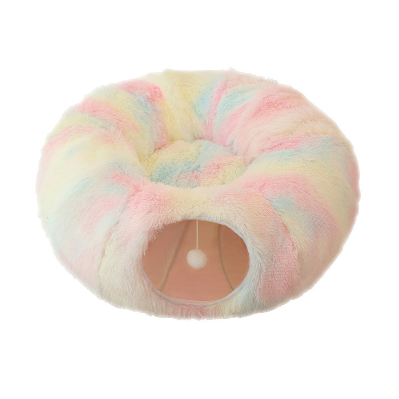 Plush Warm Cat Tunnel Bed – Donut-Shaped Collapsible Sleeping & Play Cave for Indoor Cats & Kittens