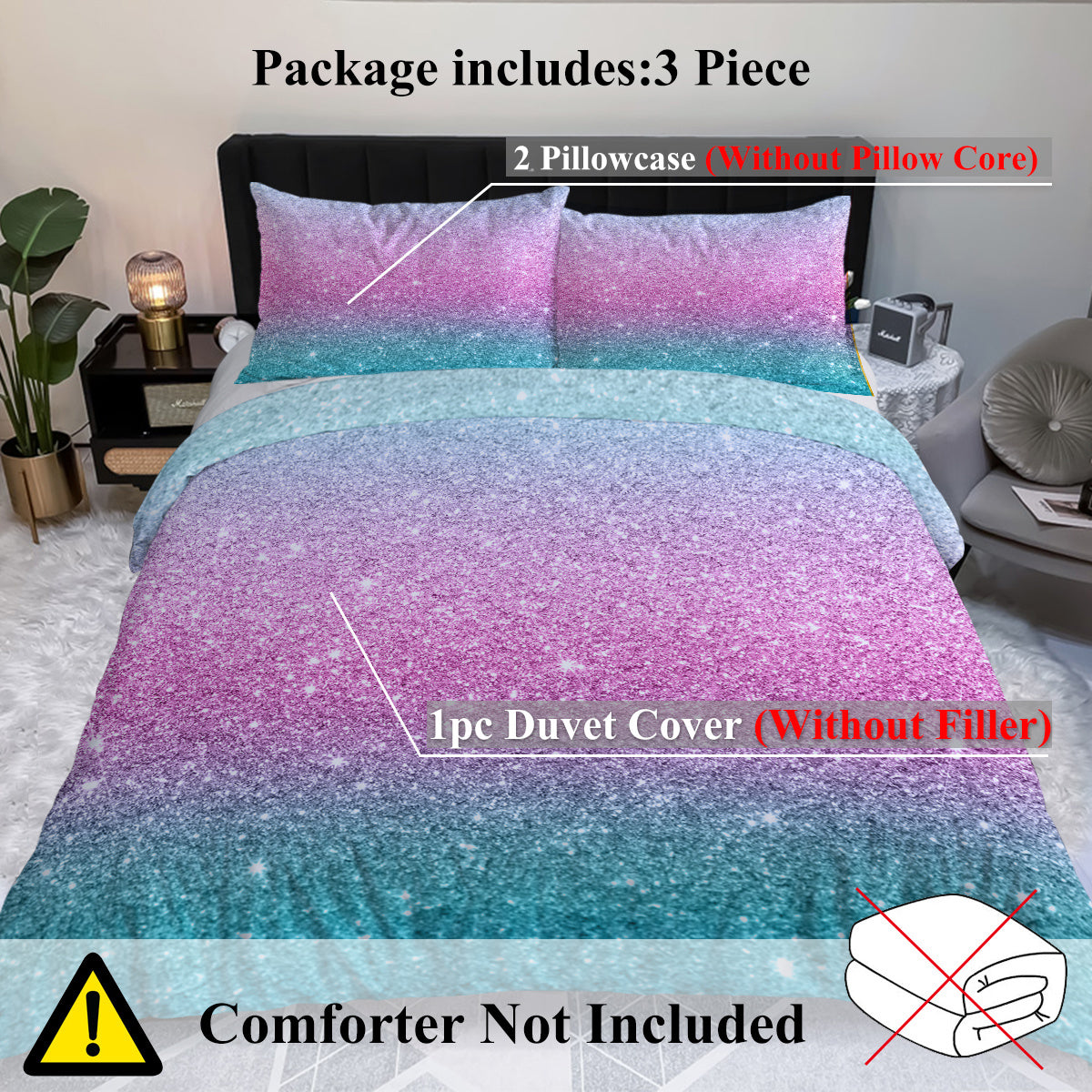 Girly Rainbow Glitter Ombre Duvet Cover Set – Pastel Purple Blue Green Bedding (3-Piece) – Soft Microfiber, Chic Sparkle Quilt Cover with 2 Pillow Shams