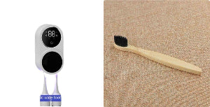 A white UV toothbrush sanitizer with intelligent sensor, displayed next to a toothbrush on a beige textured surface.
