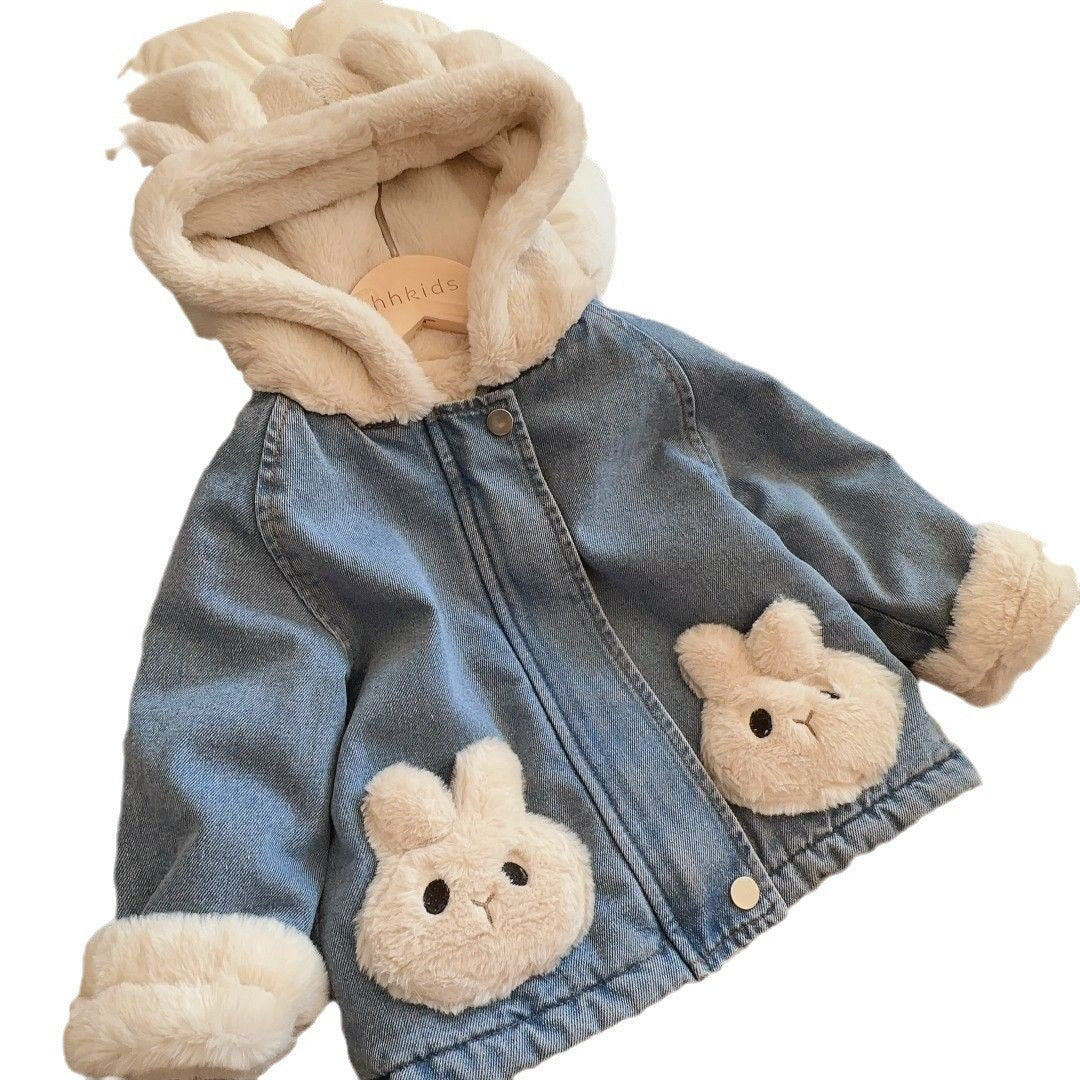 Girls' Denim Jacket with Lamb Wool Lining – Trendy & Warm Winter Coat for Kids