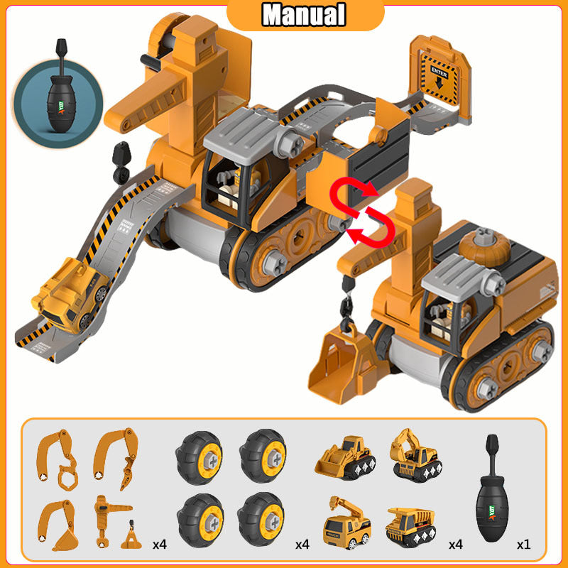 4-in-1 DIY Construction Vehicle Toy Set – Crane, Excavator & Track
