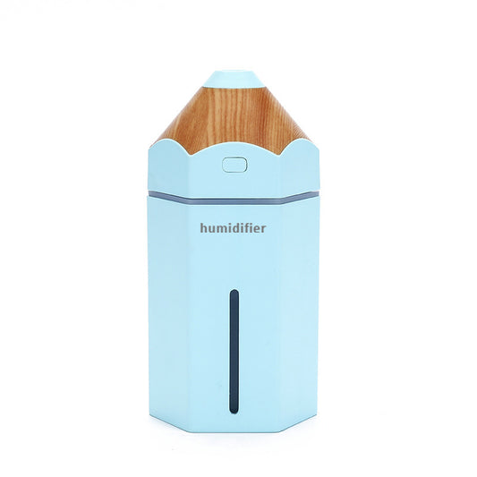 A colorful mini humidifier shaped like a pencil, available in yellow, pink, and blue, with a glowing LED light feature, designed for portable use in home or office settings.