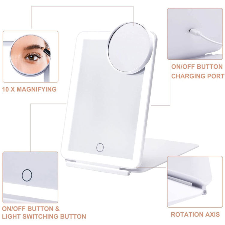 LED Touch Makeup Mirror with Light – Portable Folding Vanity Mirror (White, Pink, Black) – USB Rechargeable – Bedroom, Business, Bathroom Use