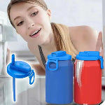 Three reusable soda can lids with straws in blue, green, and red colors, displayed with a woman in the background.
