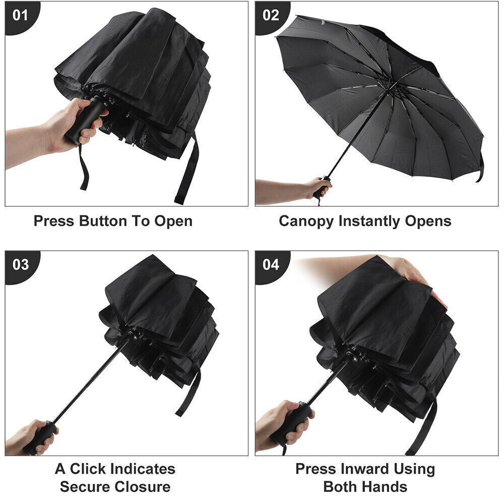 12 Ribs Strong Automatic Umbrella – Windproof, Stormproof & Compact Folding Design