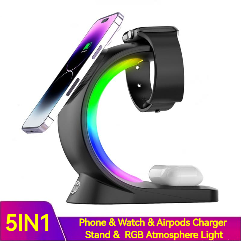 4-in-1 Magnetic Wireless Charging Station with RGB Light | Fast Charger for iPhone, AirPods & Apple Watch