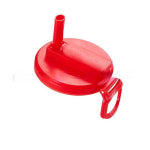 A red reusable soda can lid with a straw, made of plastic and designed to fit standard cans.