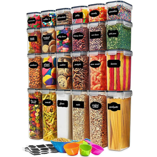 Set of food storage containers with labeled lids on a white background