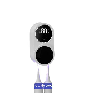 A white UV toothbrush sanitizer with intelligent sensor, featuring a digital display and two prongs at the bottom for holding the toothbrush.