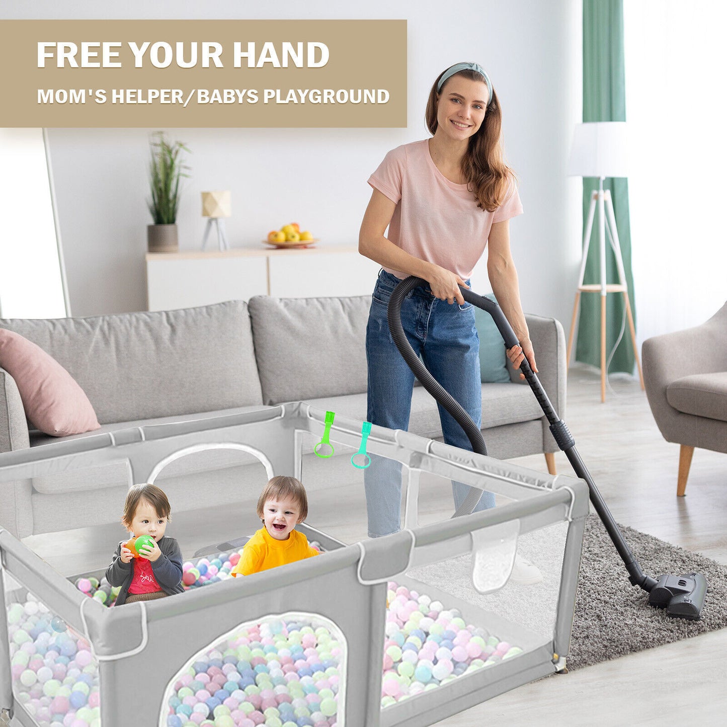 Baby Playpen with Mat – Safe Indoor/Outdoor Activity Centre for Toddlers & Babies | Portable Grey Baby Fence 127x127cm