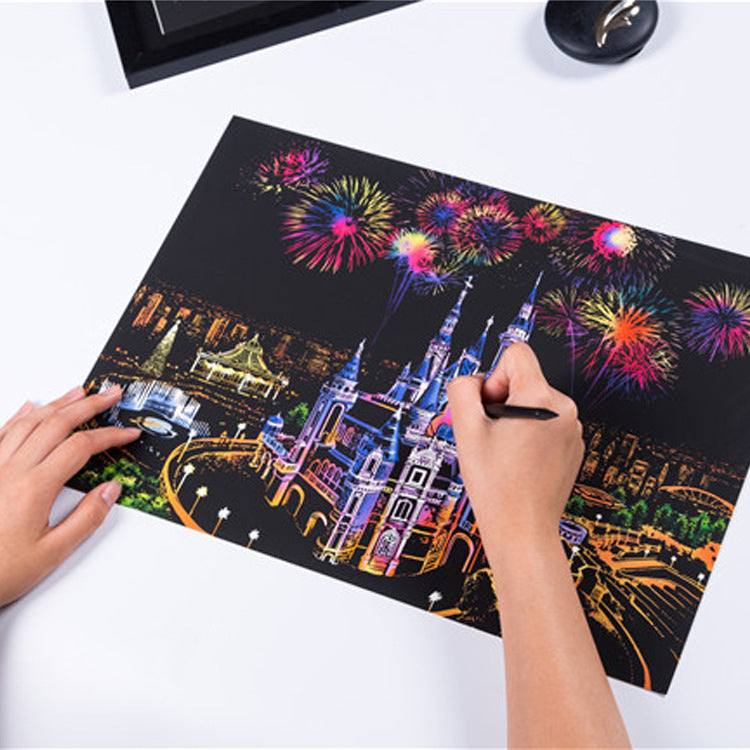 Creative City Night Scene Scratch Painting Kit featuring vibrant and detailed urban artwork with a unique scratching technique. This colourful urban scratching art kit allows you to create stunning cityscape designs with ease. Ideal for art enthusiasts and anyone looking to explore their creative side. Perfect for gifting or as a personal artistic project. everything amazing shop.