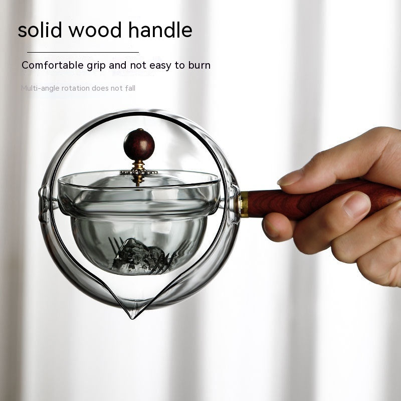 Semi-Automatic Heat-Resistant Glass Teapot with Infuser and Wooden Handle – Perfect for Lazy Tea Making, Office, and Home Use