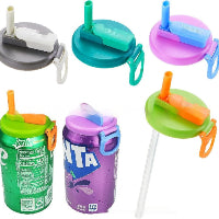 Colorful drink containers with lids and straws on a white background