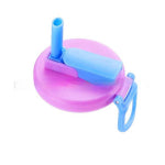 A reusable soda can lid in blue with a straw, designed to fit standard cans.