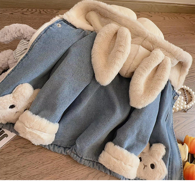 Girls' Denim Jacket with Lamb Wool Lining – Trendy & Warm Winter Coat for Kids