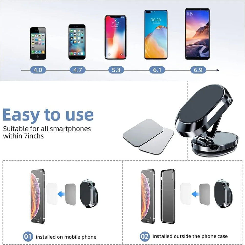 Upgraded Magnetic Car Phone Holder - Retractable Mount with 6 Powerful N52 Magnets, 720° Rotation for Dashboard & Windshield - Universal Phone Mount for iPhone, Samsung, and More