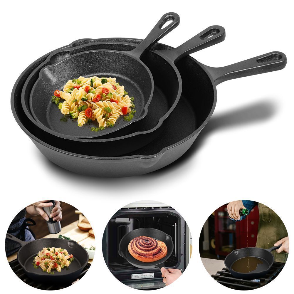 Set of 3 Cast Iron Skillet Pans – Pre-Seasoned Non-Stick Griddle Frying Pans for Cooking, Searing, Baking & Grilling