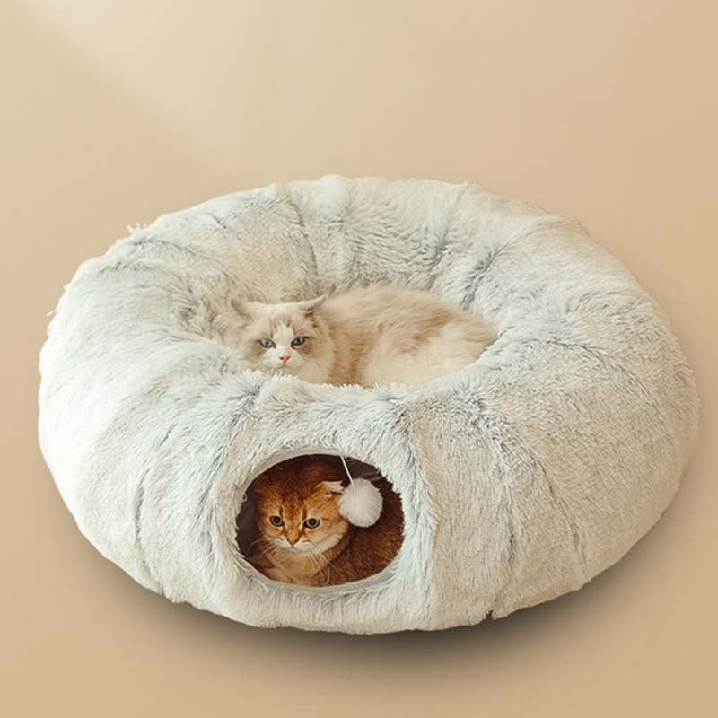 Plush Warm Cat Tunnel Bed – Donut-Shaped Collapsible Sleeping & Play Cave for Indoor Cats & Kittens