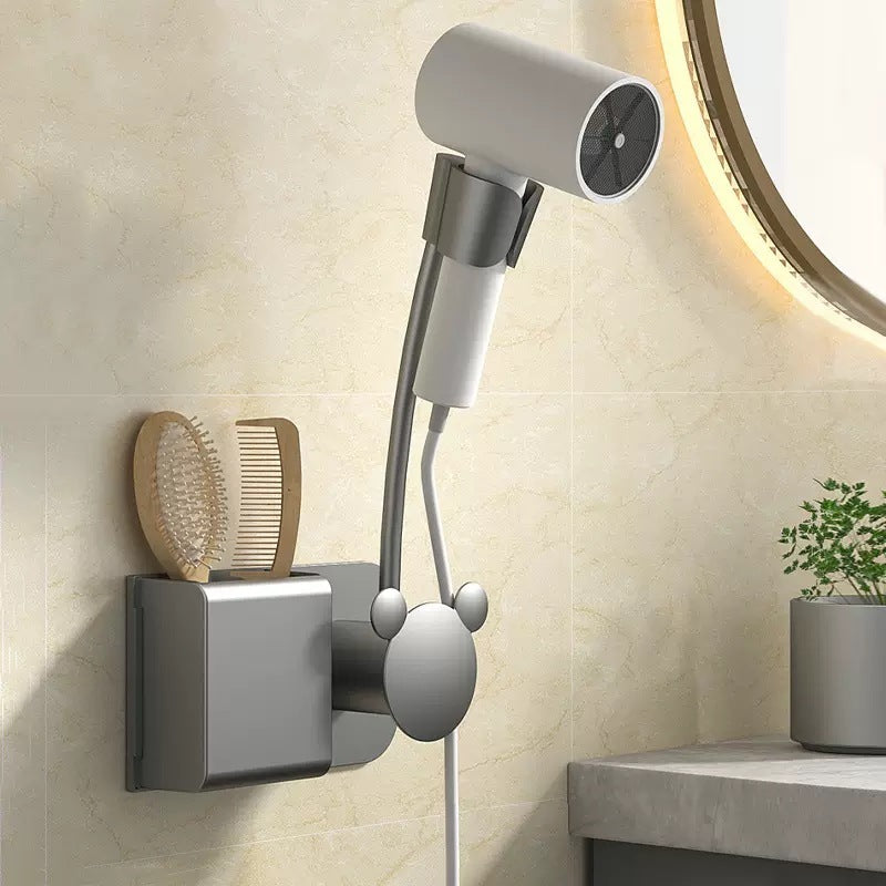 Hair dryer shelf without punching holes, featuring a lazy hair dryer stand design. Available in space aluminum and plastic options with adhesive and no nail sticker designs for easy installation.