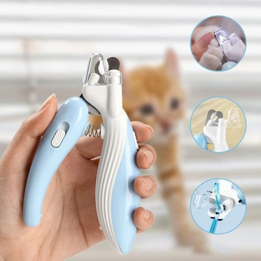 LED pet nail clippers for dogs and cats with light, safety lock, and anti-splash design