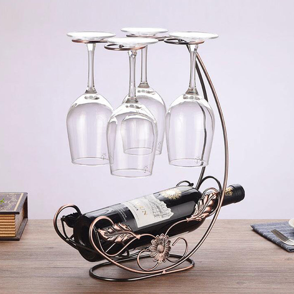 Wall-mounted copper wine rack with gold and bronze finish, holding 2 wine bottles and 6 glasses – stylish iron display for kitchen, bar, or home use.
