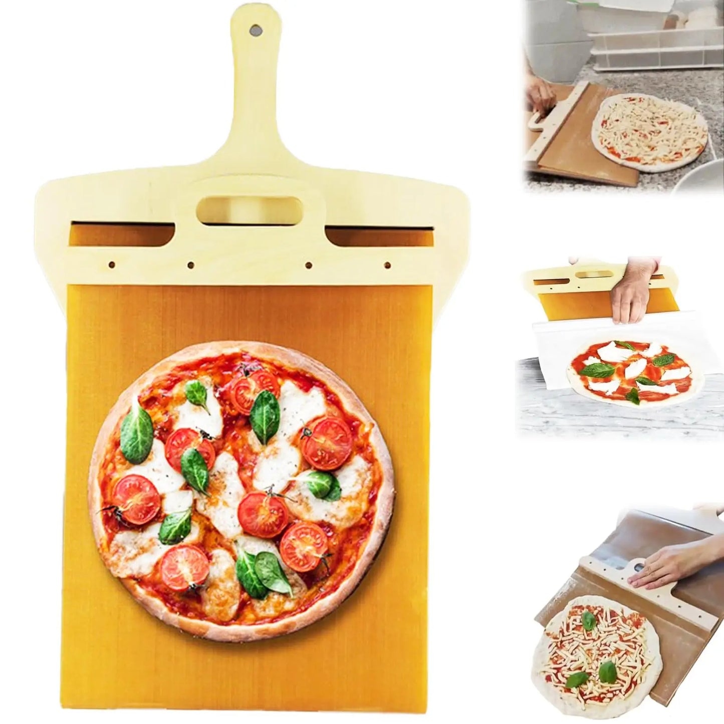 Non-stick sliding pizza shovel, made from premium wood, perfect for baking, serving, and storing pizza. Features a smooth cutting board surface and easy storage. Ideal kitchen gadget for pizza lovers. Everything Amazing shop for this product.
