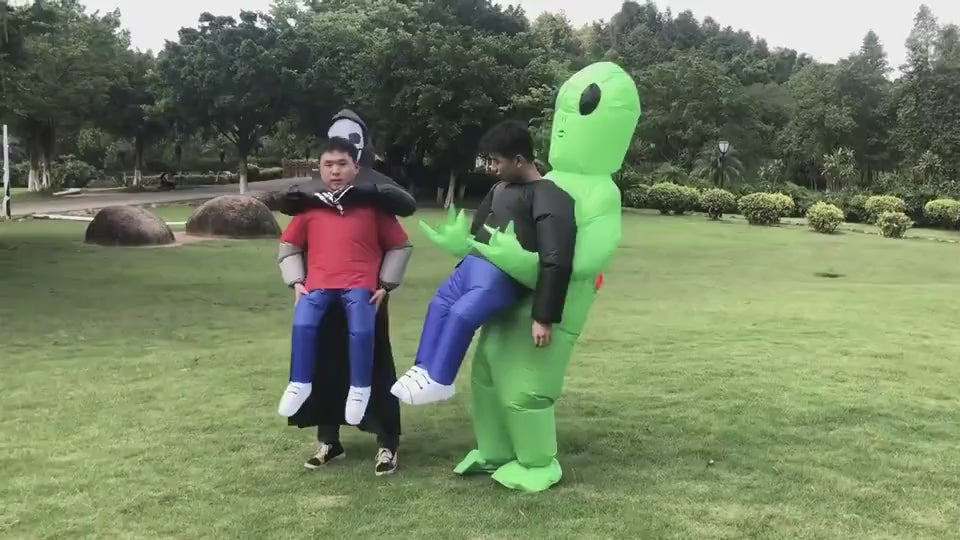 Adult wearing a hilarious inflatable dinosaur chair costume perfect for parties, cosplay, and social media content