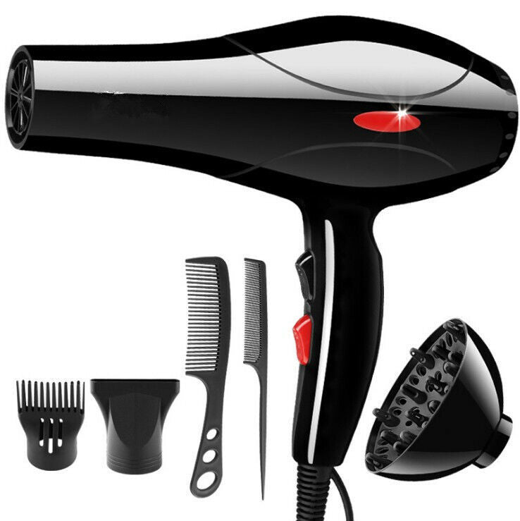 Black hair dryer with attachments on a white background