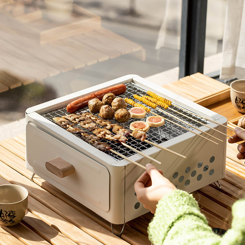 Square Barbecue Oven Outdoor Charcoal Grill - White Alloy - Suitable for 3-5 People