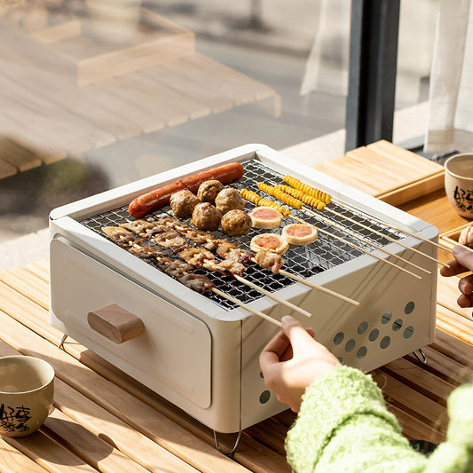 Square Barbecue Oven Outdoor Charcoal Grill - White Alloy - Suitable for 3-5 People