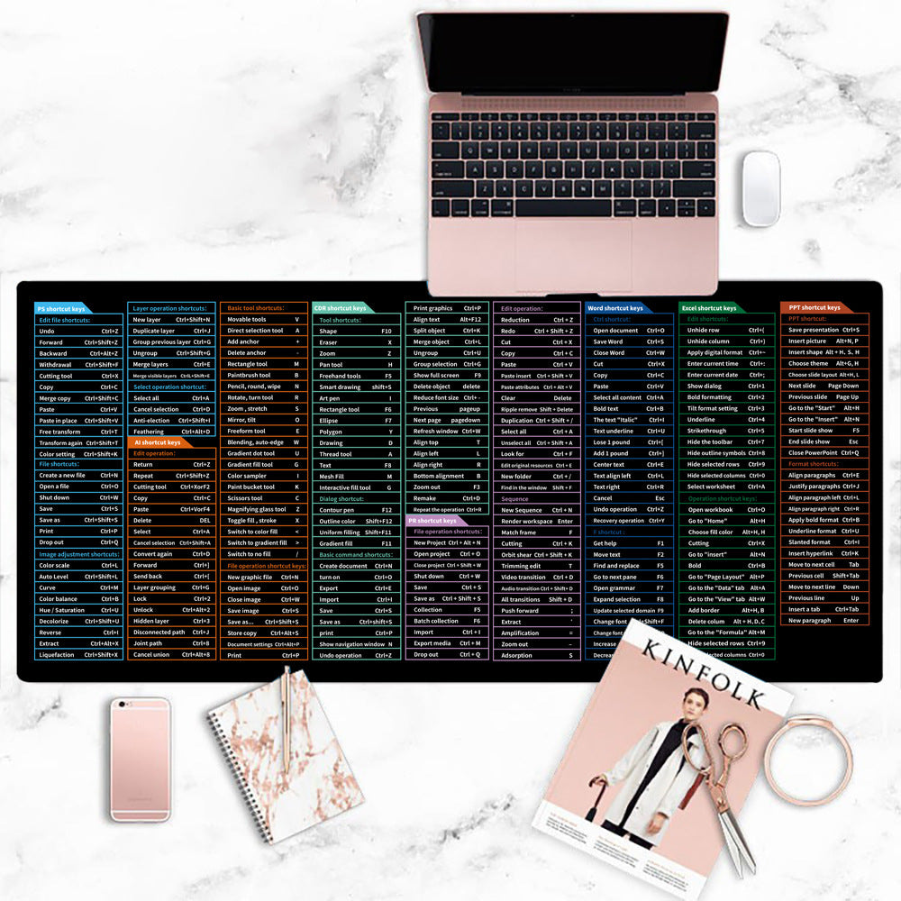 Super large stain-resistant office mouse mat with full English shortcut keys, designed for ultimate convenience and durability. Ideal for home and office use, this mat provides smooth tracking and enhances productivity with its detailed shortcut key layout. Available in multiple sizes to fit your workspace needs. Perfect for users who want a practical, stylish, and functional desk accessory. Shop at Everything Amazing Shop for this product.