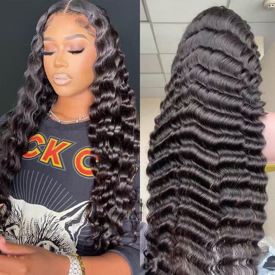 15A deep wave human hair lace front wig with 180% density, available in 4x4, 5x5, 13x4 and 13x6 HD lace options from 16 to 32 inches