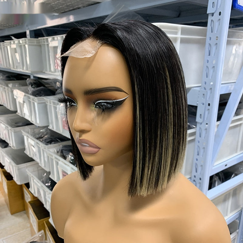 15A SDD bone straight 8-inch human hair bob wig with HD lace closure in multiple colour options including 1B/27, 1B/30, 99J, red, purple and blonde highlights.