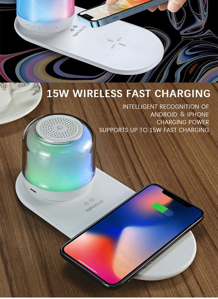 3-in-1 Bluetooth Speaker with Wireless Charging & Night Light | Smart LED Bedside Lamp